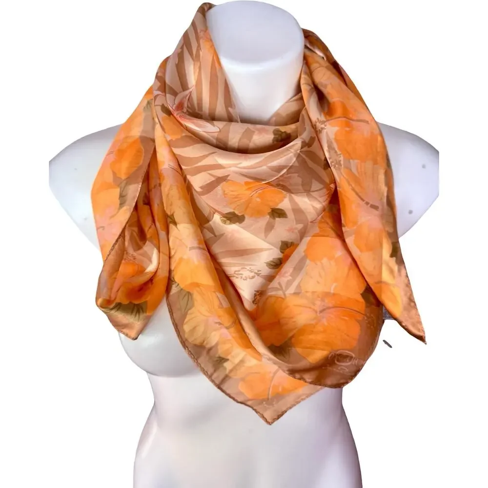 Vintage Oscar de la Renta Silk Hibiscus Floral Scarf 1990s Peach Gold NWT 34in